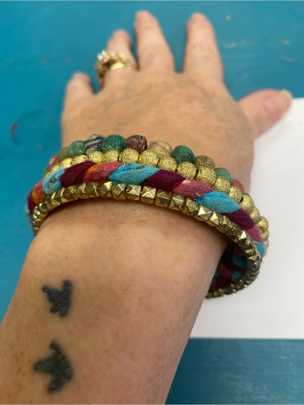 Wrap around Multicolor Bead & Braided Gold Accent Bracelet Set